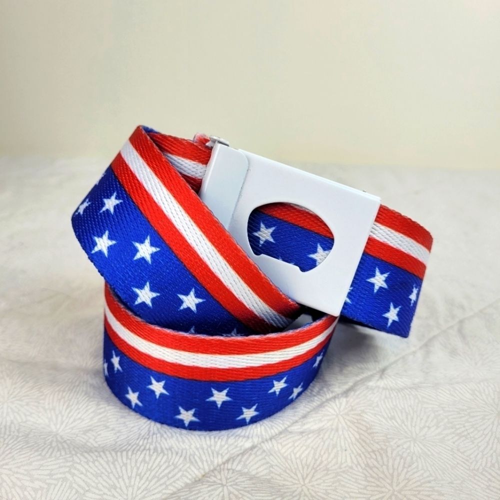 Red white blue patriotic stripes stars USA canvas belt unisex white buckle M/L